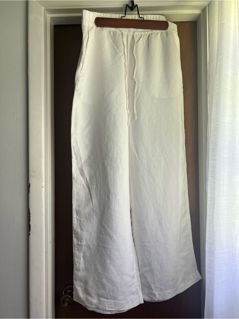 Women’s White Drawstring Wide-Leg Linen Pants